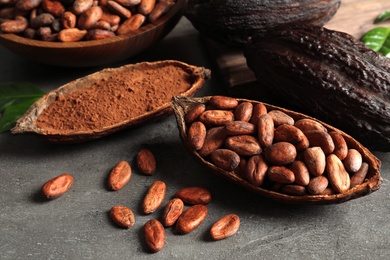 Photo of Cocoa pods with beans and powder on grey table