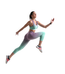 Photo of Athletic young woman running on white background, side view