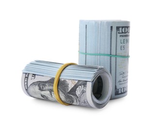 Photo of Rolled dollar banknotes on white background. American national currency