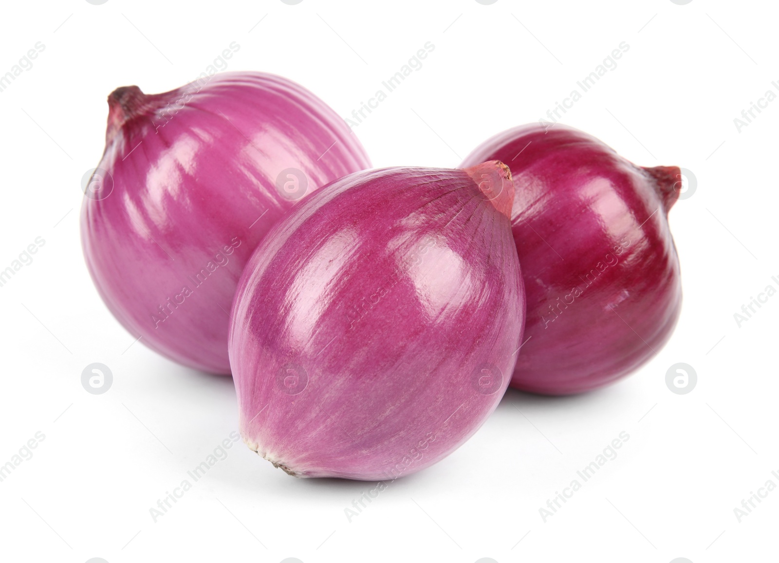 Photo of Fresh whole red onions on white background