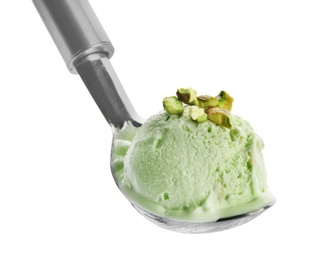 Scoop of delicious pistachio ice cream on white background