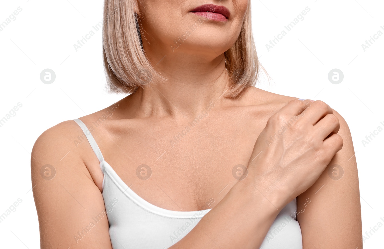 Photo of Woman with healthy skin on white background, closeup