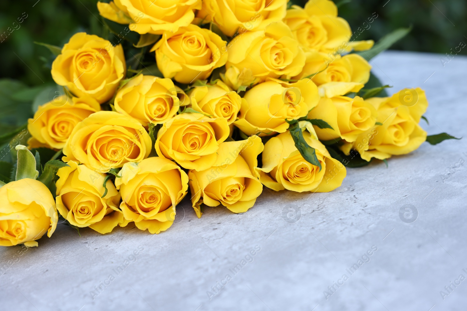 Photo of Beautiful bouquet of yellow roses on light table