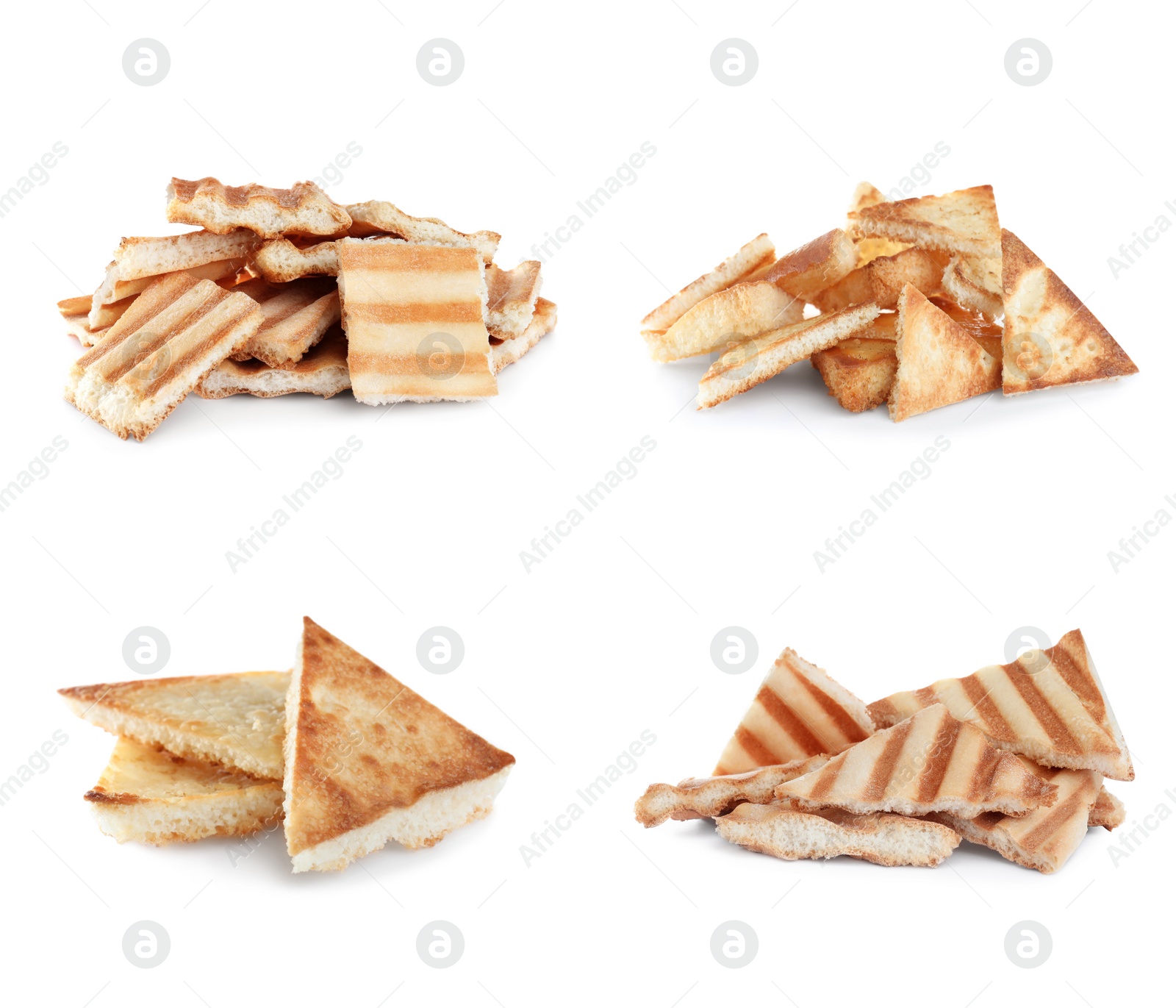 Image of Set with delicious crispy pita chips on white background 