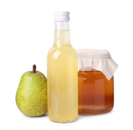 Photo of Delicious kombucha in glass bottle, jar and pear isolated on white