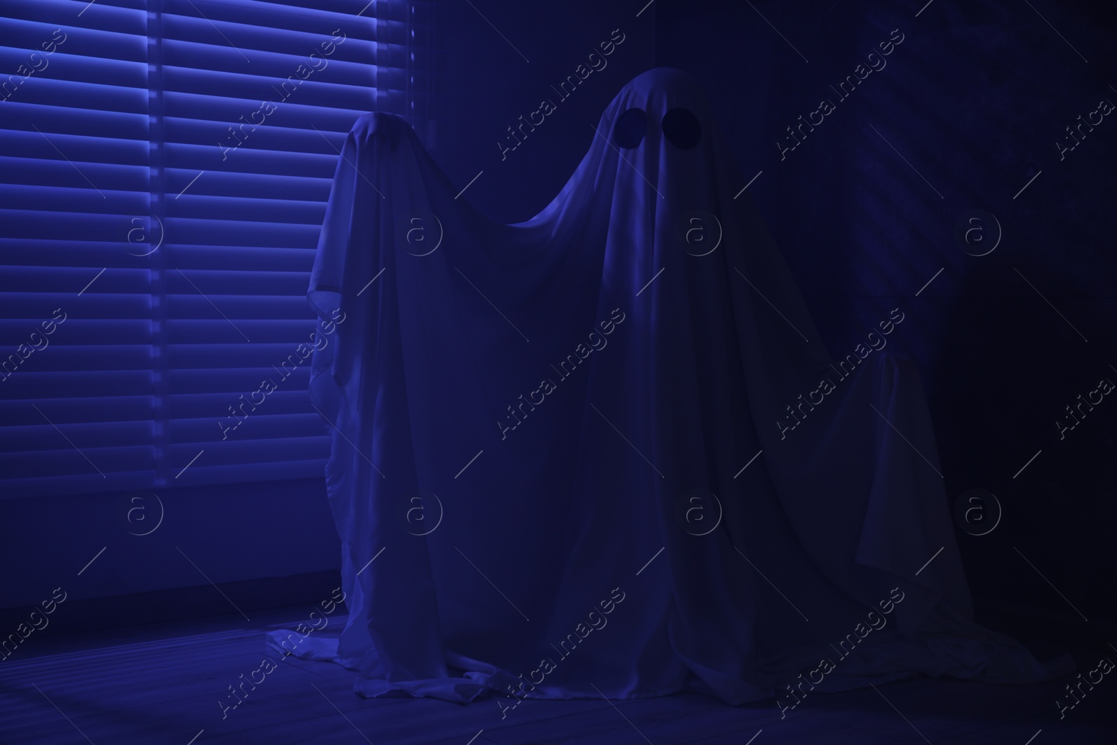 Photo of Creepy ghost. Woman covered with sheet near window in blue light