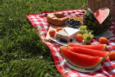 Picnic blanket with delicious food outdoors on sunny day, space for text