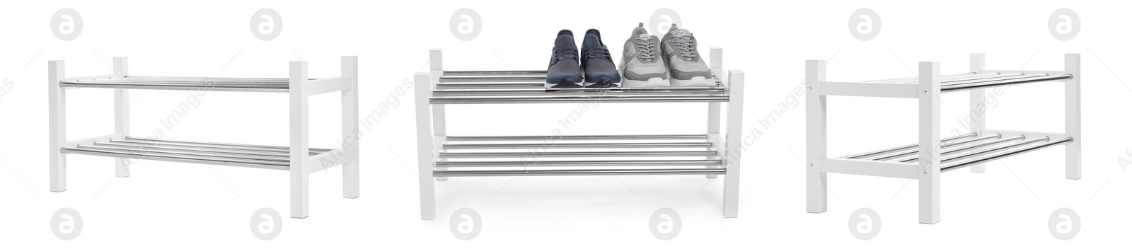 Image of Set with shelving units for shoes on white background, banner design 