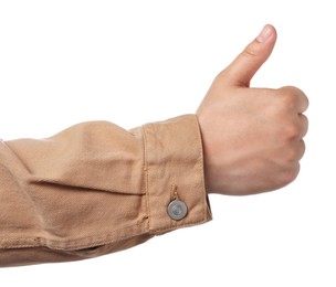 Photo of Man showing thumb up on white background, closeup of hand. Hitchhiking gesture