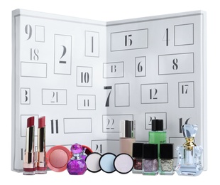 Photo of Christmas advent calendar with different cosmetics and perfumes isolated on white