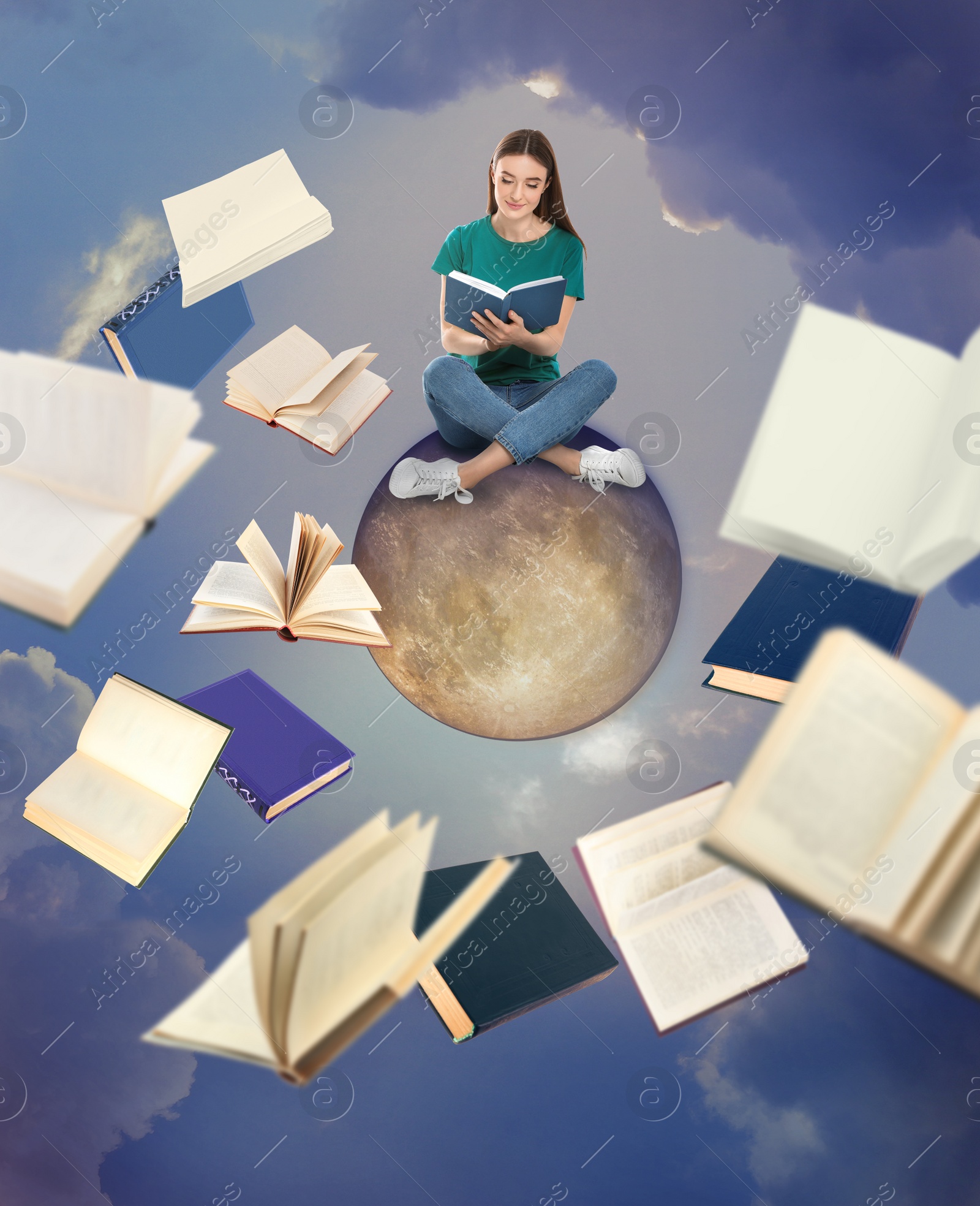 Image of Young woman sitting on moon and flying books