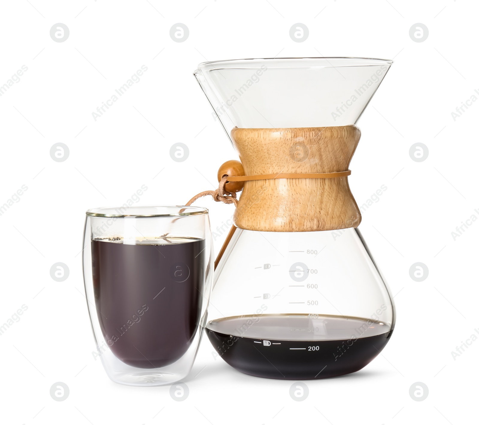 Photo of Chemex coffeemaker and glass of coffee isolated on white