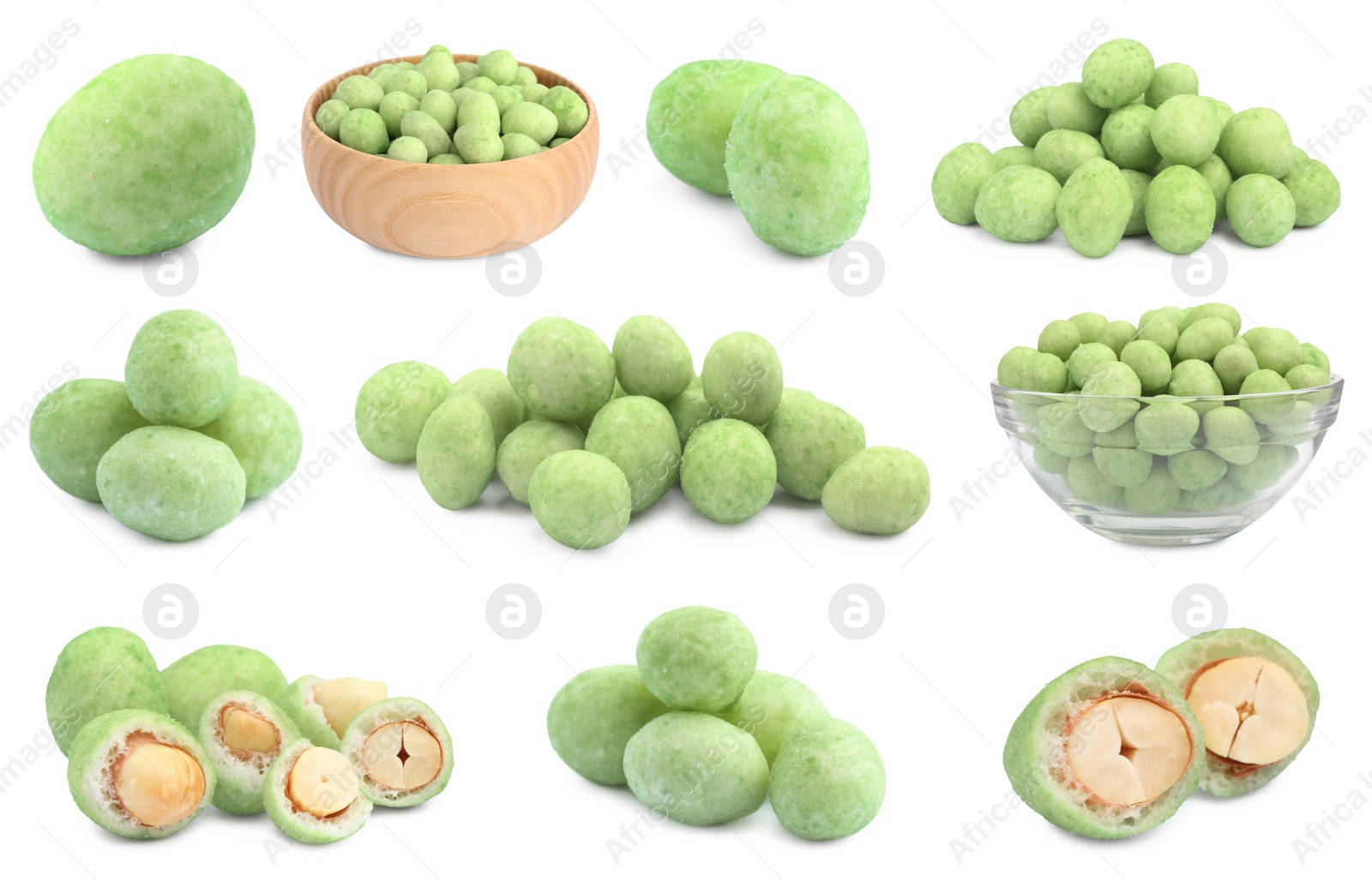 Image of Set with spicy wasabi coated peanuts on white background