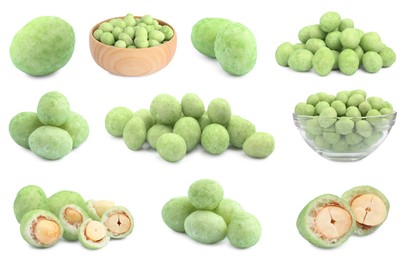 Set with spicy wasabi coated peanuts on white background