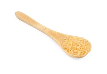 Photo of Wooden spoon with brown sugar isolated on white