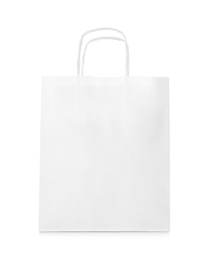 Photo of Empty shopping paper bag on white background