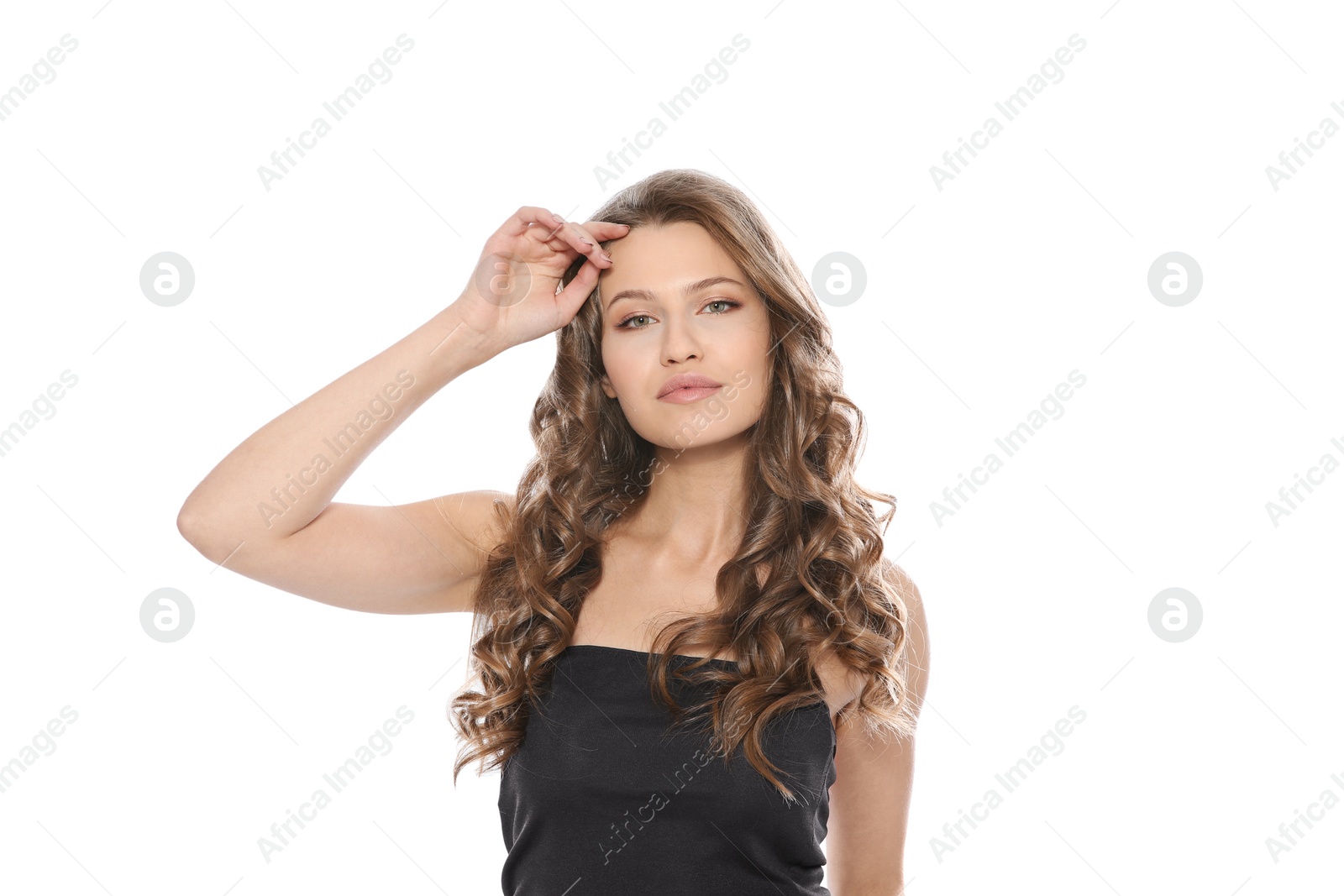 Photo of Portrait of beautiful young woman with shiny wavy hair on white background