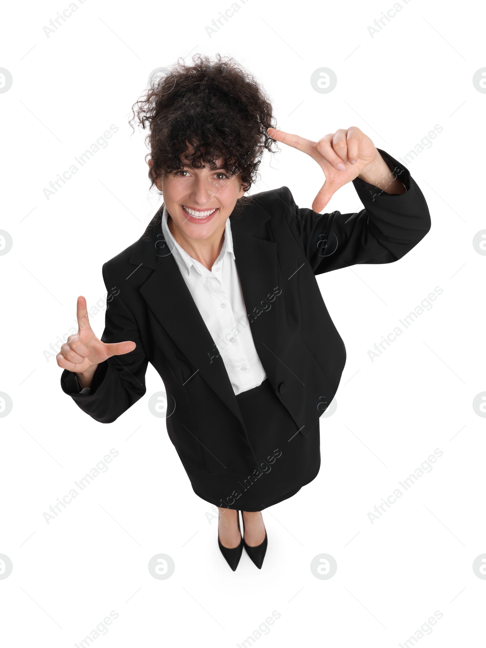 Photo of Beautiful happy businesswoman in suit on white background, above view