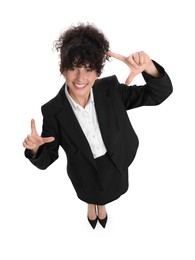 Photo of Beautiful happy businesswoman in suit on white background, above view