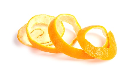 Photo of Peel of ripe tangerine on white background
