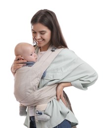 Photo of Mother holding her child in baby carrier on white background
