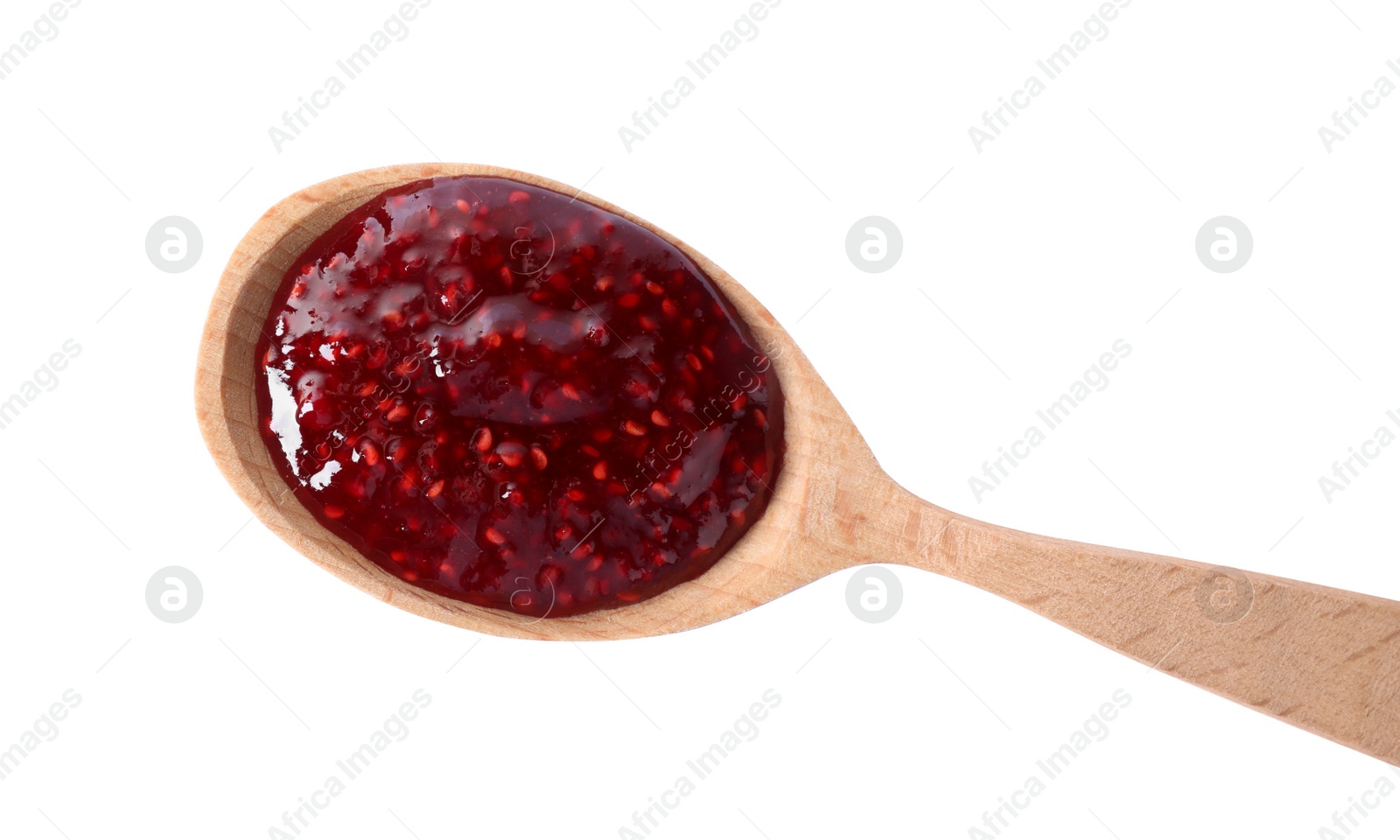 Photo of Delicious raspberry jam in wooden spoon isolated on white, top view