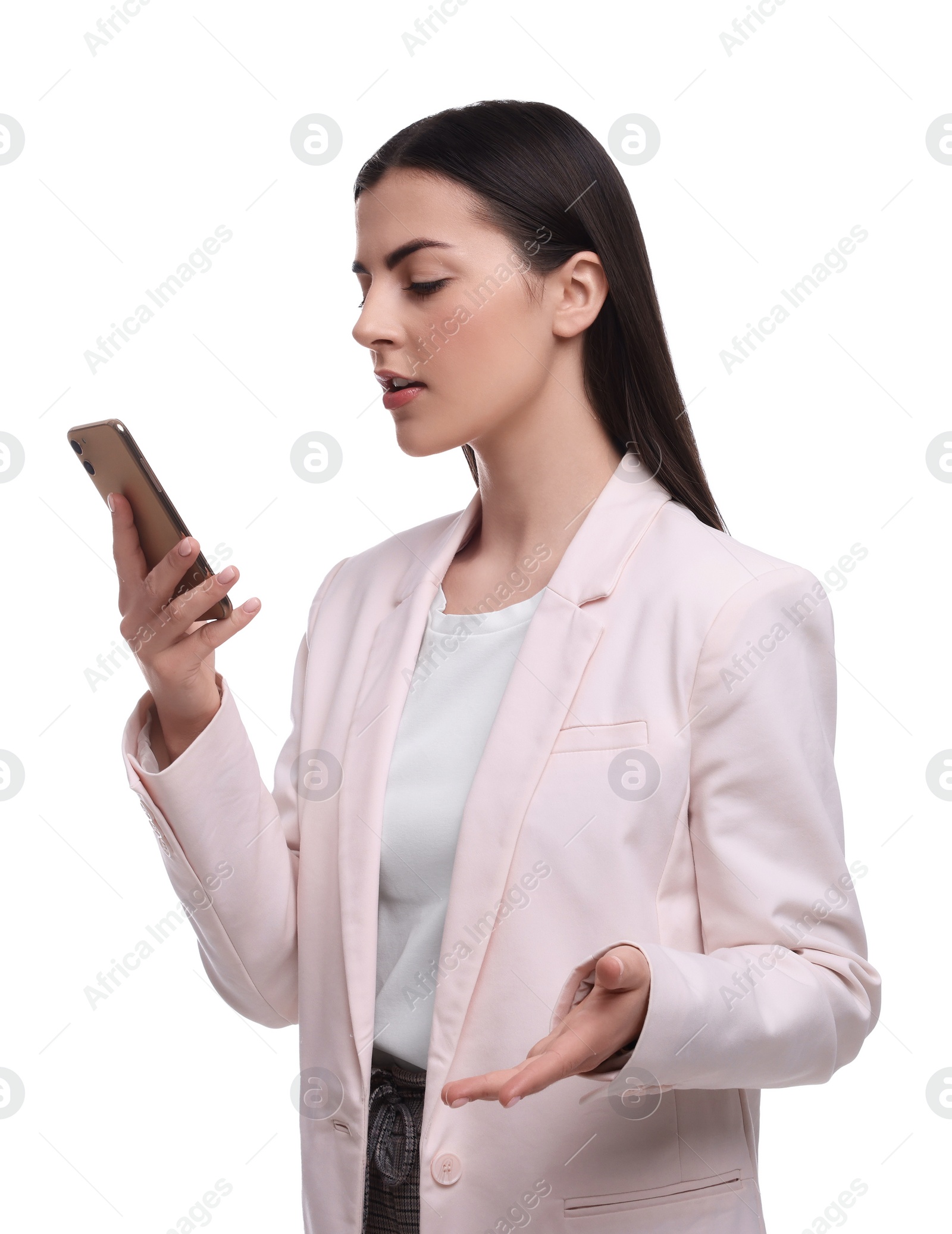 Photo of Beautiful young businesswoman using smartphone against white background