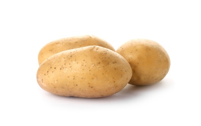 Photo of Fresh ripe organic potatoes on white background