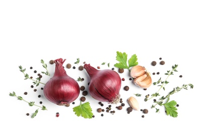 Beautiful composition with ripe red onions on white background