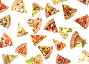 Set with slices of different pizzas on white background, top view 