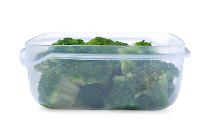 Fresh broccoli in plastic container isolated on white