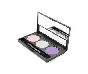 Photo of Beautiful eye shadow palette with brush isolated on white