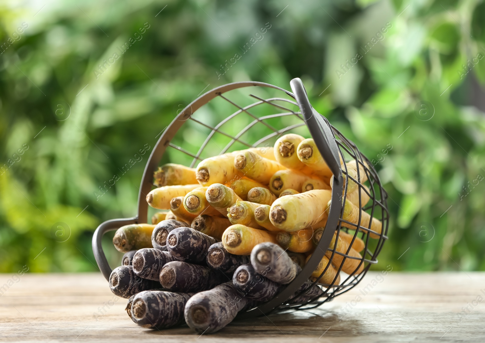 Photo of Different raw carrots in basket on wooden table against blurred background