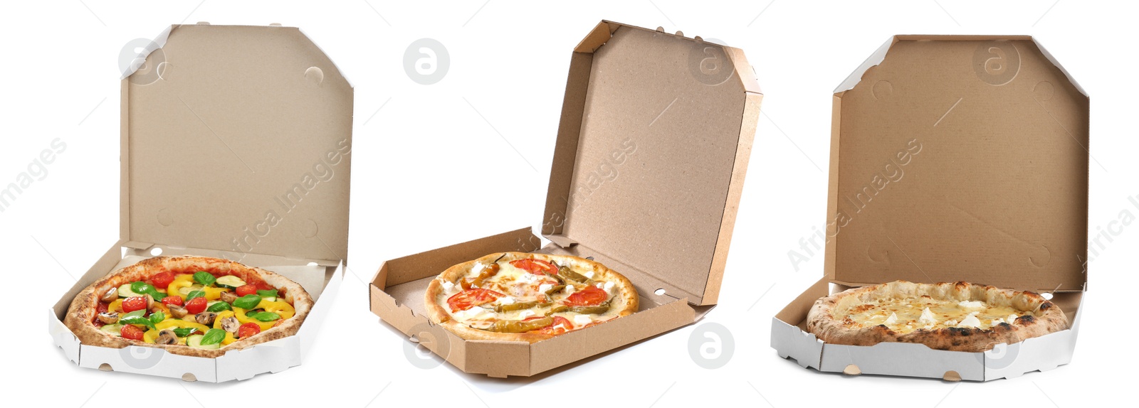 Image of Set with different delicious hot pizzas in cardboard boxes on white background, banner design. Food delivery