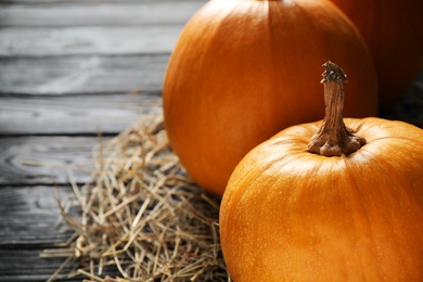 Ripe pumpkins on black wooden background, closeup. Holiday decoration