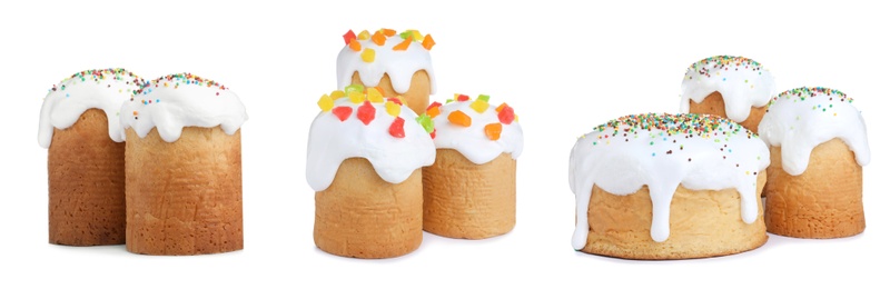 Image of Set with traditional Easter cakes on white background, banner design