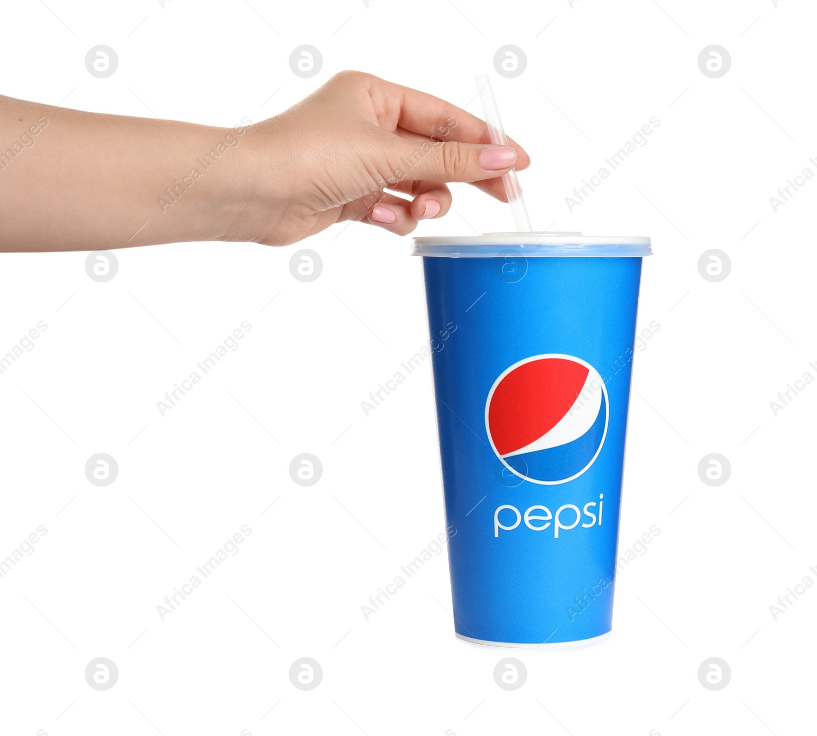 Photo of MYKOLAIV, UKRAINE - JUNE 9, 2021: Woman with straw and paper Pepsi cup isolated on white, closeup