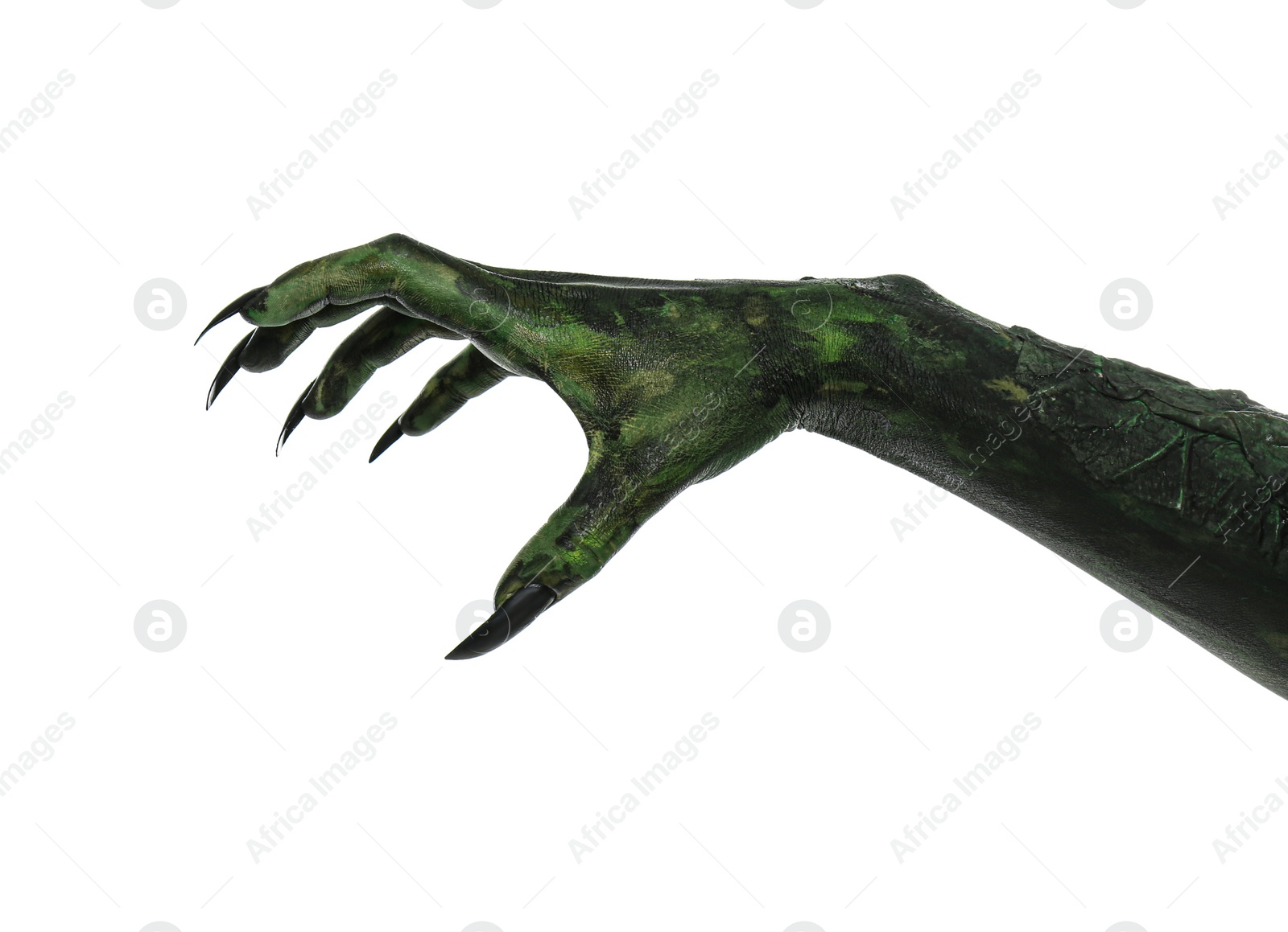 Photo of Scary monster on white background, closeup of hand. Halloween character