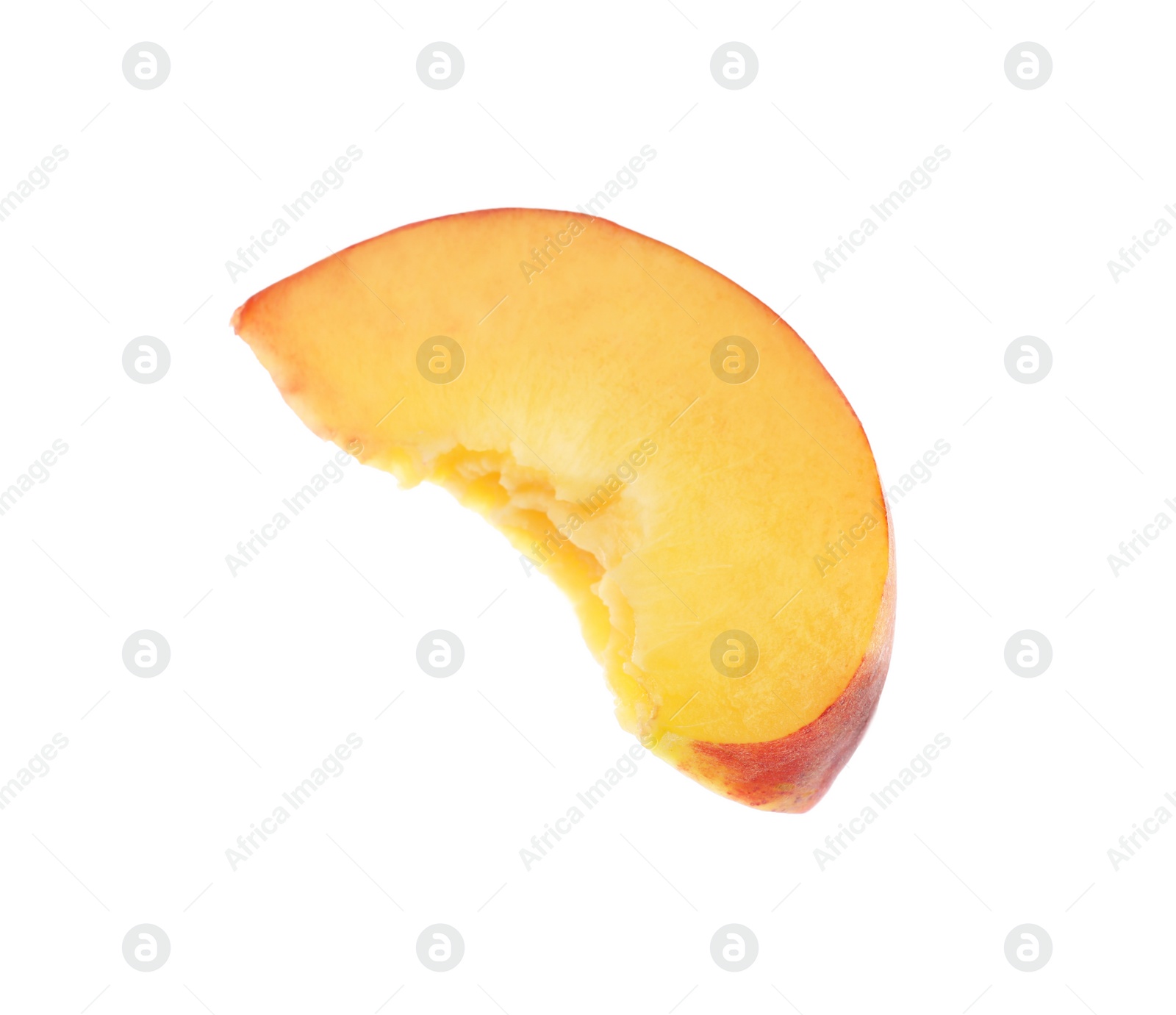 Photo of Slice of sweet juicy peach on white background