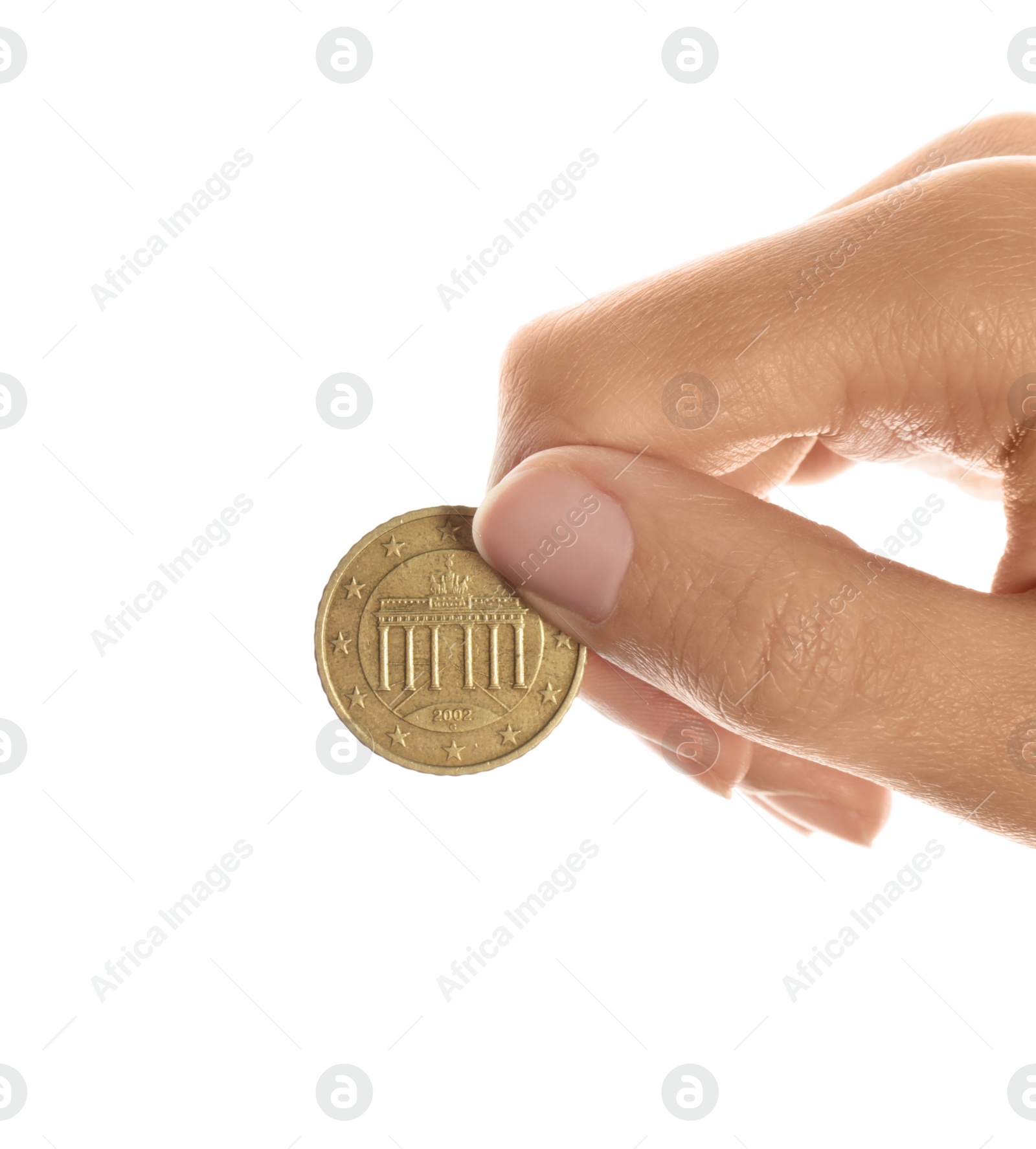 Photo of Young woman holding coin isolated on white, closeup