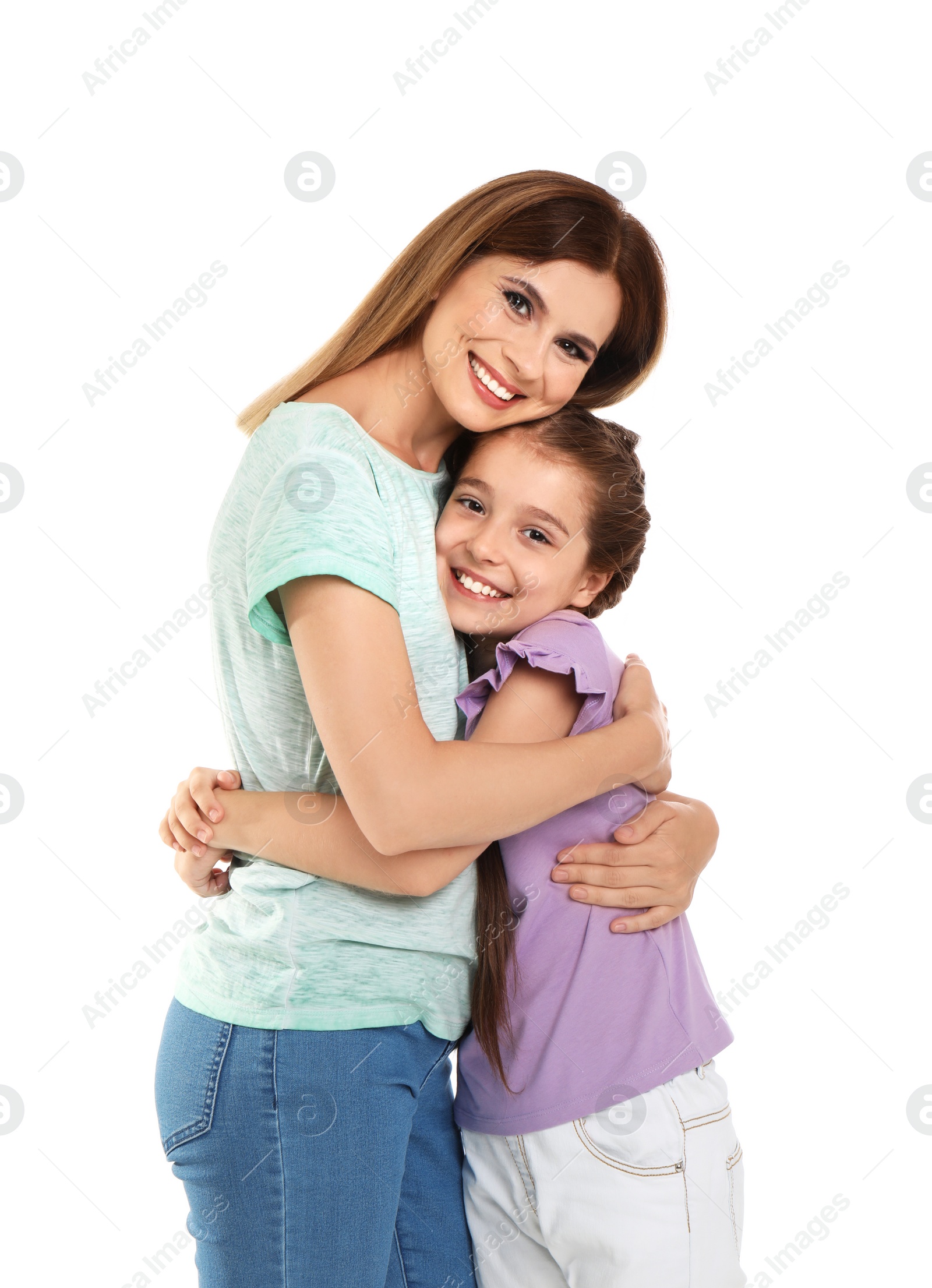 Photo of Mother with child on white background. Happy family