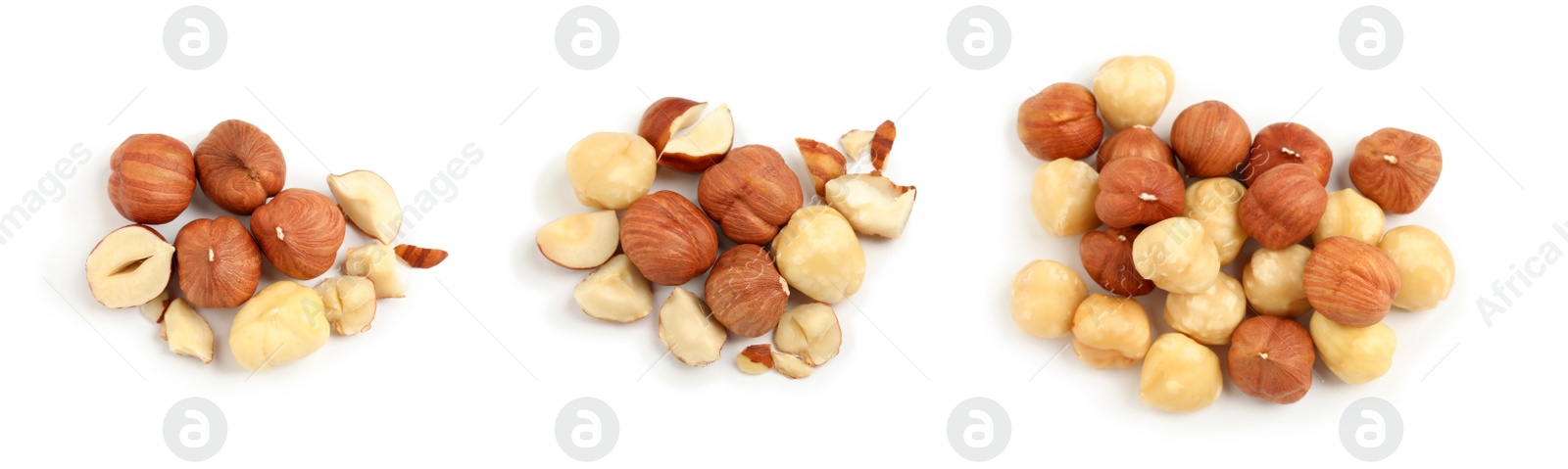 Image of Set with tasty hazelnuts on white background, top view. Banner design