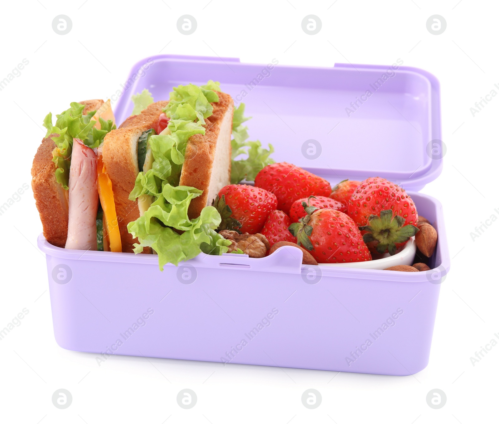 Photo of Lunch box with healthy food for schoolchild isolated on white