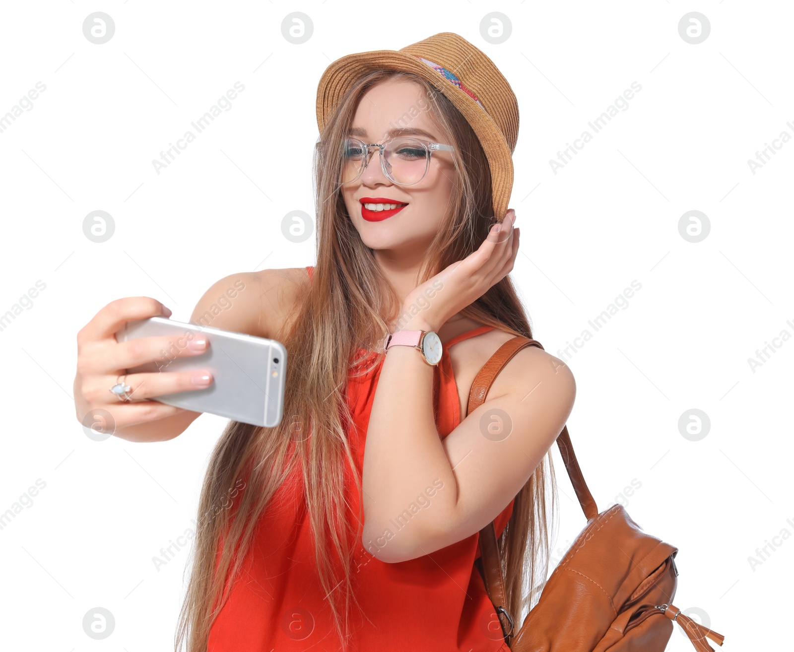 Photo of Attractive young woman taking selfie on white background