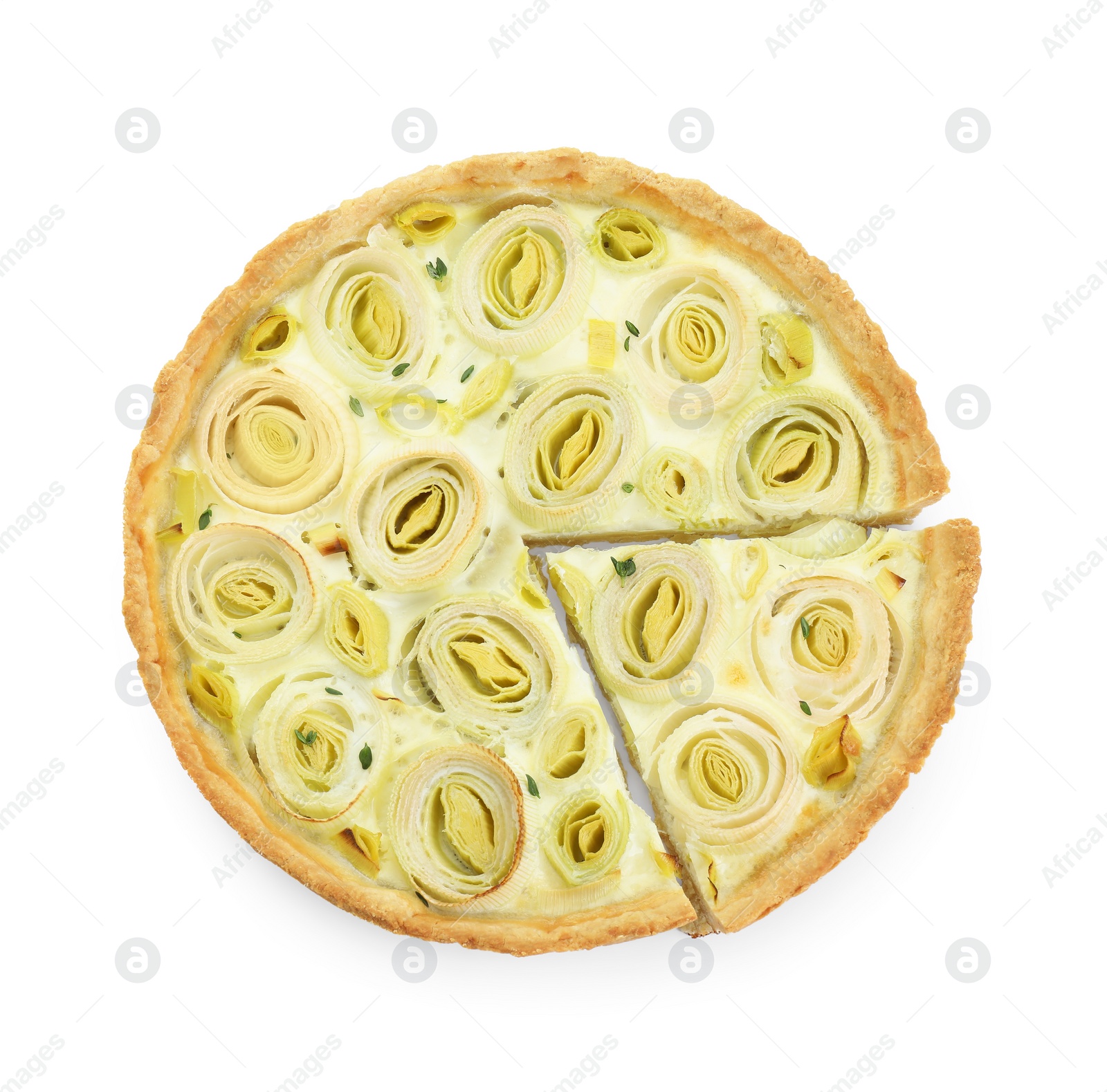 Photo of Tasty leek pie isolated on white, top view