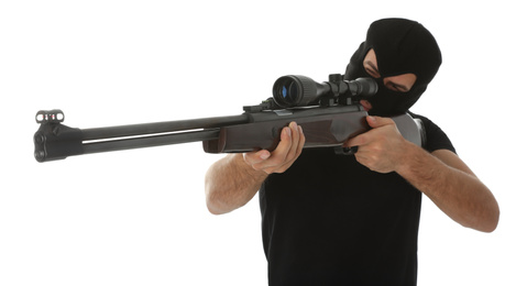 Photo of Professional killer with sniper rifle on white background