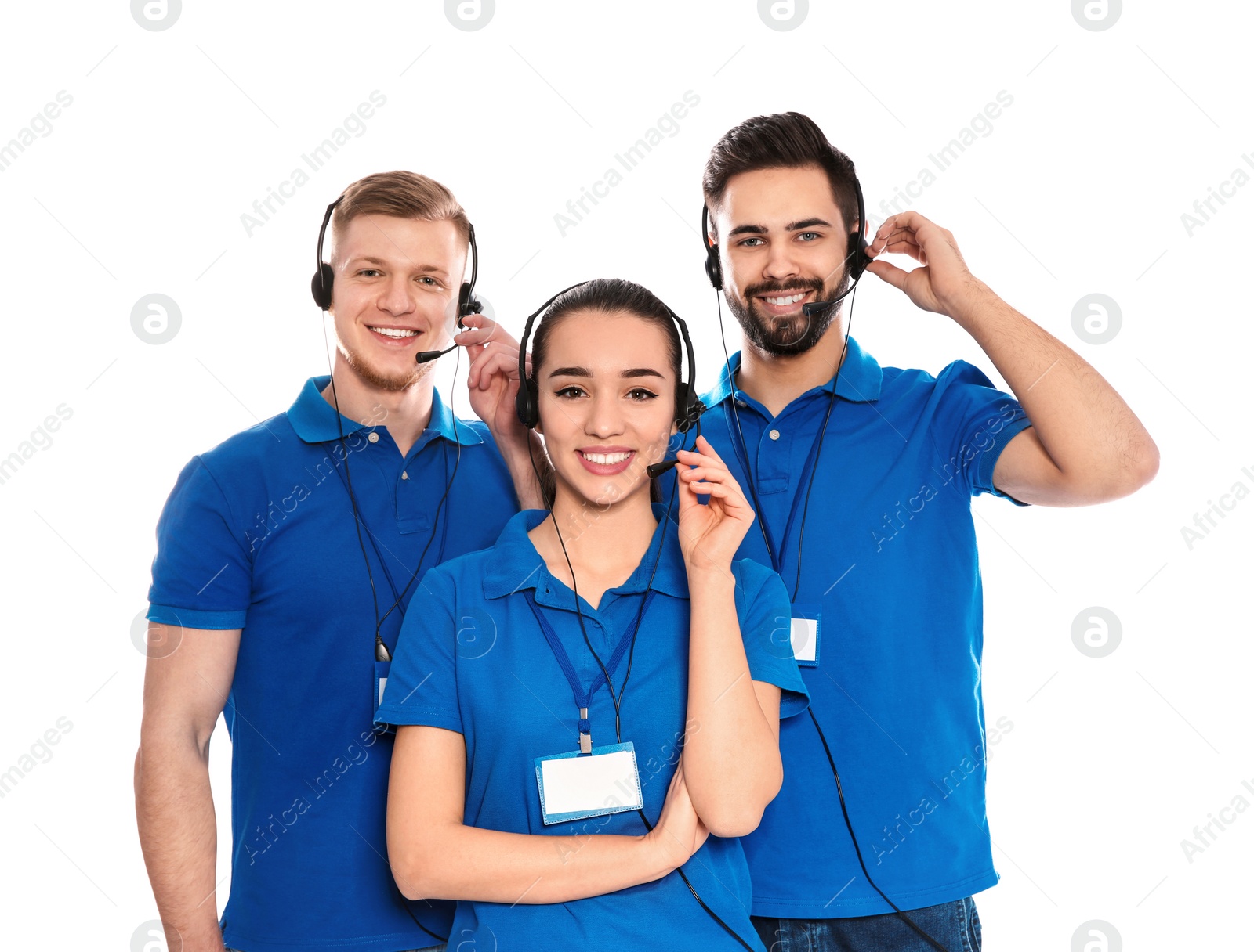 Photo of Technical support operators with headsets isolated on white