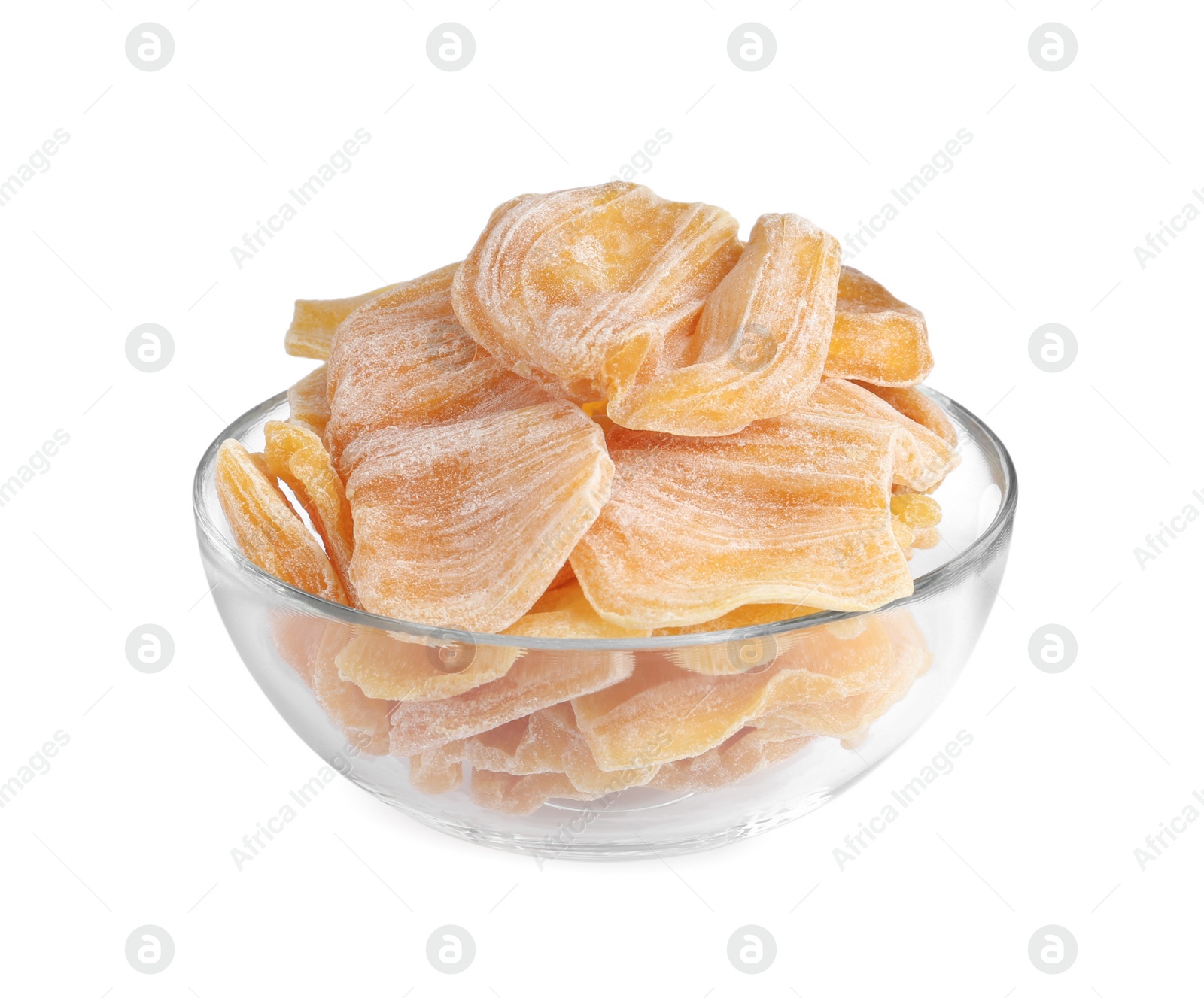 Photo of Delicious dried jackfruit slices in bowl isolated on white