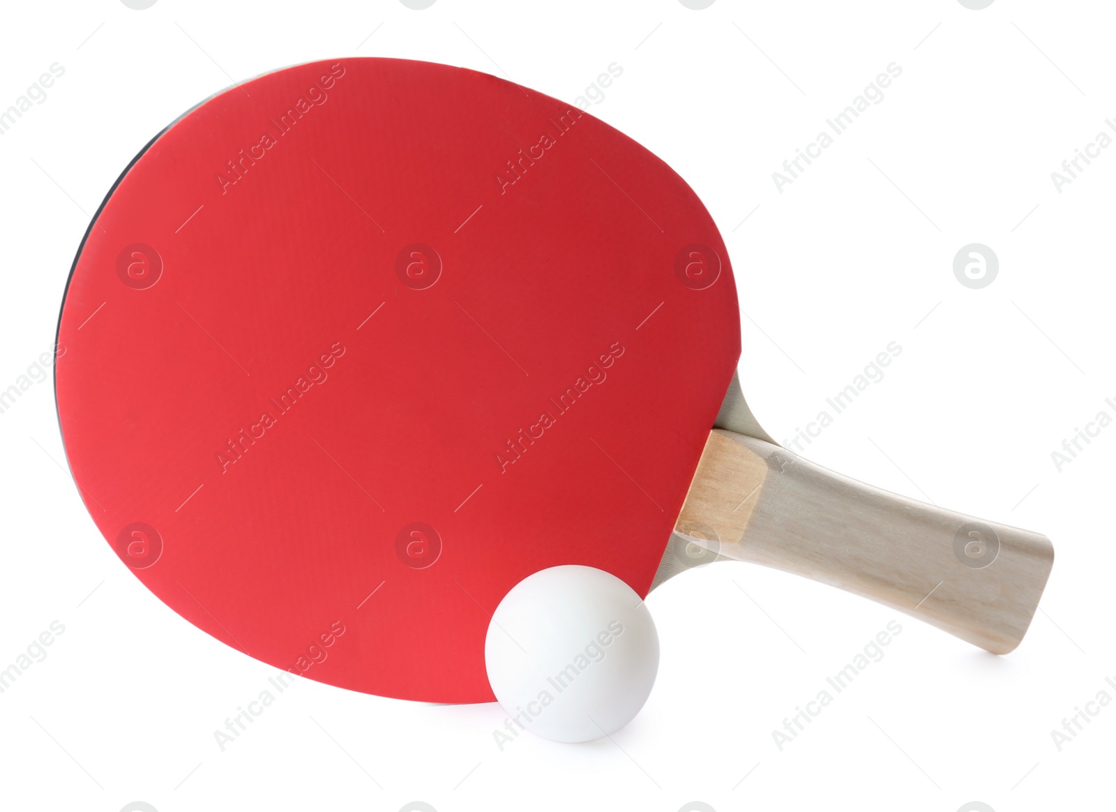 Photo of Ping pong racket and ball isolated on white