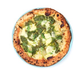 Photo of Delicious pizza with pesto, cheese and arugula on white background, top view